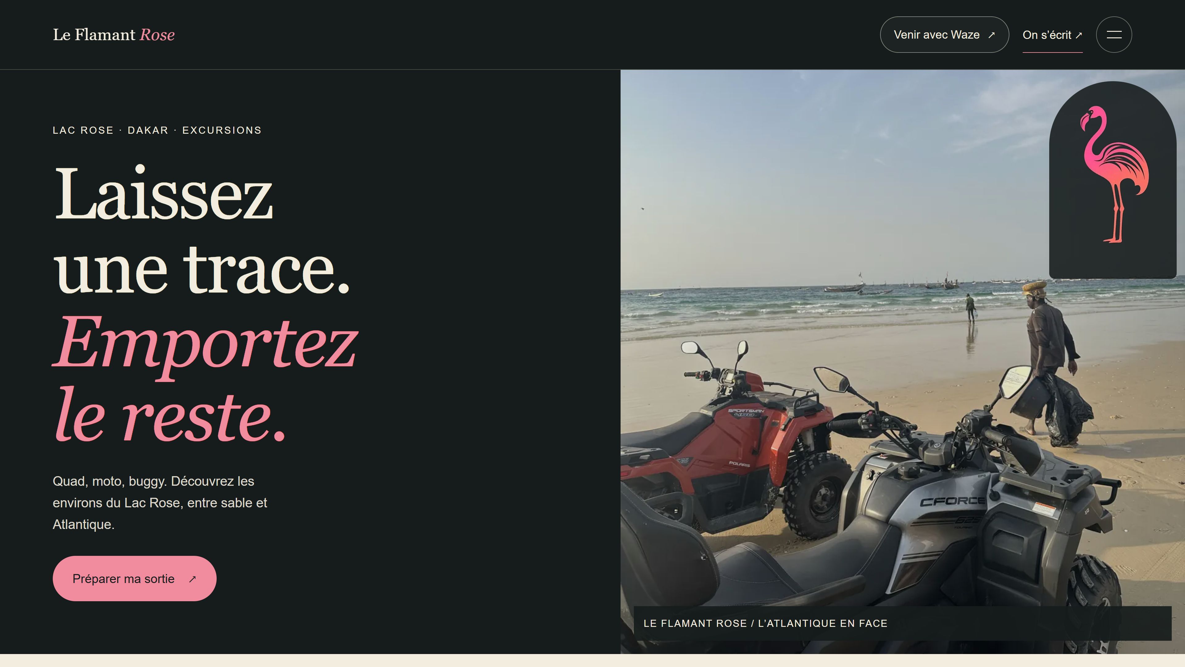 Le Flamant Rose Dakar : site des excursions au Lac Rose, quad et Atlantique.