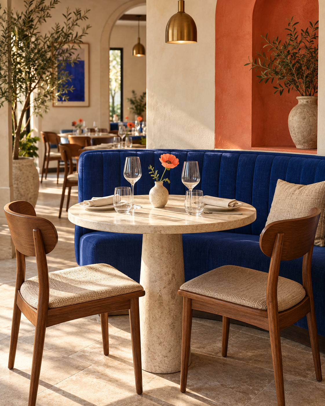 Ambiance de restaurant : banquette bleue, table en pierre claire et touches corail, baignées de lumière naturelle.