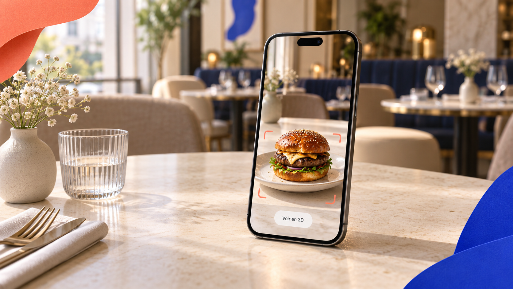 Illustration d’un burger virtuel visible sur une table à travers l’écran d’un smartphone en réalité augmentée.