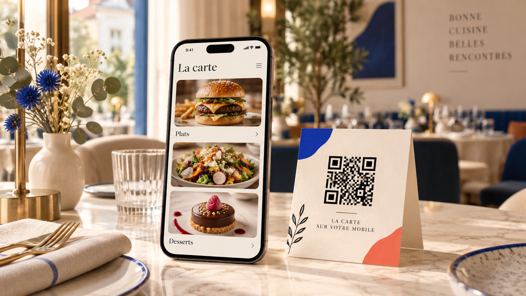 Illustration d’une carte de restaurant sur smartphone, avec un support QR sur la table.